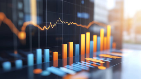 A 3D bar graph with a focus on a single, highlighted bar against the others, showing detailed financial data with a modern, white backdrop.の素材
