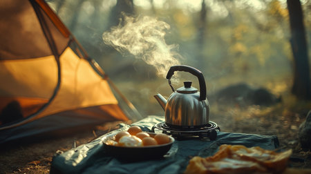 A camping stove cooking breakfast outside a tent, with a kettle steaming and eggs frying, capturing the essence of morning in the wilderness.の素材