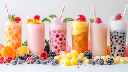 A beautifully arranged bubble tea setup with different toppings like tapioca pearls and jelly, with cups and straws, all set on a white background for a clean lookの素材