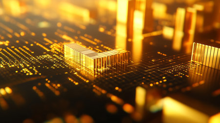 A 3D gold chart showing the fluctuation of gold prices over time, with bars in varying shades of gold and a digital grid overlay on a neutral backdrop.の素材