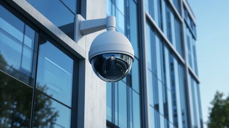 A CCTV camera installed on the exterior of a commercial building, capturing a wide-angle view of the surrounding area with a focus on security and surveillance.の素材