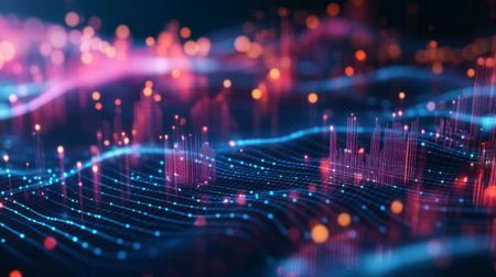 A 3D scatter plot with floating data points and a grid background, highlighting key business data and correlations with a high-tech look.の素材