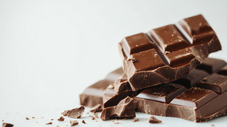 A close-up of a decadent chocolate bar with pieces slightly broken off, showcasing the rich texture and shine of the chocolate against a clean white background.の素材