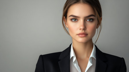 A close-up of a businesswoman in a suit, with a serious and focused expression, against a neutral background that highlights her facial details.の素材