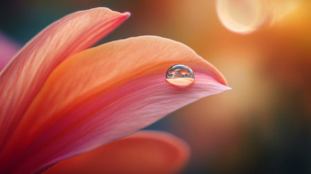 A close-up of a delicate flower petal with a single water droplet perched on its surface, reflecting light, set against a blurred background, highlighting the beauty of nature.の素材