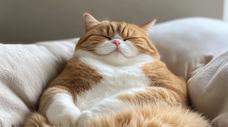 A close-up of a chubby, fluffy cat lounging comfortably on a cozy bed, with its round face and content expression, highlighting its adorable features.の素材