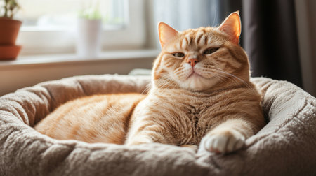 A close-up of a fat, happy cat sitting in a comfy cat bed, with its round belly visible and a peaceful expression on its face, showcasing its contentment.の素材