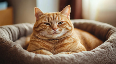 A close-up of a fat, happy cat sitting in a comfy cat bed, with its round belly visible and a peaceful expression on its face, showcasing its contentment.の素材