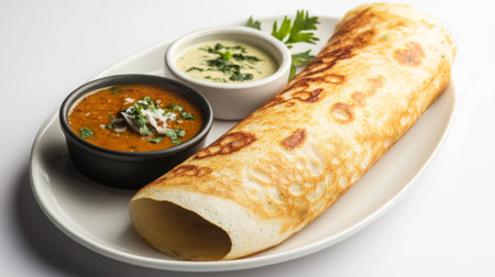 A close-up of a freshly made dosa with a side of sambar and coconut chutney, placed on a white background, capturing the crispy texture and savory accompaniments.の素材