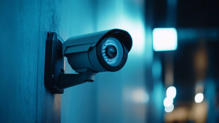 A close-up of a modern CCTV camera mounted on a wall, with a clear view of its lens and protective housing, highlighting security features in a well-lit environment.の素材