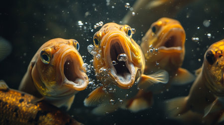 A close-up of a group of fish feeding together, with their mouths open and bubbles rising, capturing a moment of natural behavior.の素材