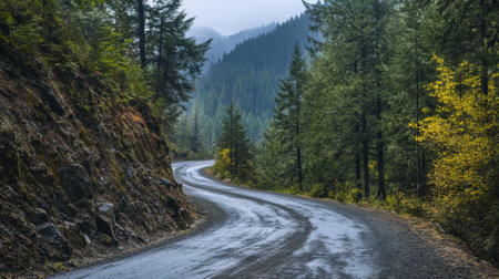 A close-up of a mountain road with a gentle curve, bordered by lush evergreen trees and rocky outcrops, illustrating the tranquil and picturesque setting.の素材