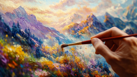 A close-up of a hand holding a paintbrush, with a vibrant, imaginative landscape being painted into reality, illustrating the creative processの素材