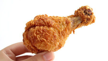 A close-up of a fried chicken drumstick being held by hand, with the focus on the crispy, golden-brown coating against a clean white background.の素材