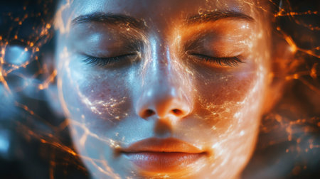 A close-up of a person's face with eyes closed and a slight smile, surrounded by abstract light patterns, symbolizing deep thoughts and creativity.の素材
