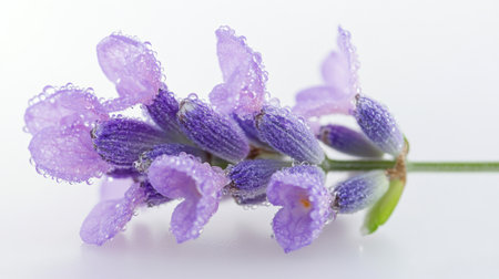 A close-up of a lavender flower with glistening water droplets on its buds, set against a white background, emphasizing the freshness and delicate nature.の素材