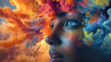 A close-up of a person face with their eyes open wide, and a vivid explosion of colors and shapes emerging from their head, symbolizing a burst of creativity.の素材