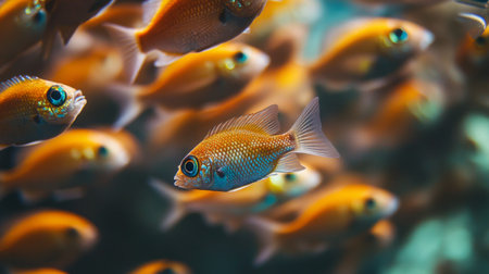 A close-up of a school of small fish swimming together, with their scales shimmering in the light, capturing the beauty of underwater life.の素材