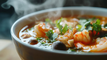 A close-up of a traditional Thai Tom Yum Goong soup with shrimp, mushrooms, and herbs, with steam rising from the bowl, emphasizing its spicy and aromatic qualities.の素材