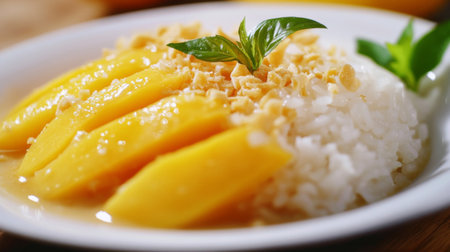 A close-up of a plate of Thai mango sticky rice, with slices of ripe mango and a drizzle of coconut milk, highlighting the dish's sweet and creamy texture.の素材