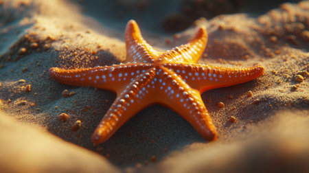 A close-up of a vibrant orange starfish resting on the sandy ocean floor, with detailed textures and small grains of sand visible.の素材