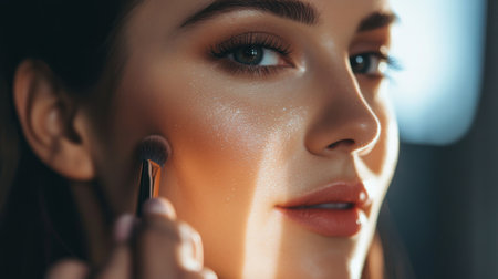A close-up of a woman applying highlighter to her cheekbones, with her makeup looking fresh and radiant, capturing her attention to detail and beauty.の素材