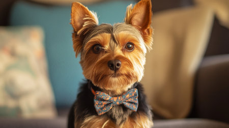 A close-up of a small dog with a bowtie, sitting elegantly on a cozy couch, showcasing its cute features and charming demeanor.の素材