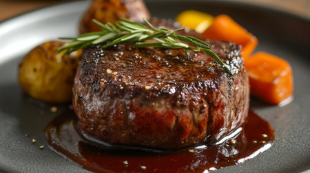 A close-up of a steak on a plate with a rich, red wine reduction sauce, garnished with a sprig of rosemary and a side of seasonal vegetables.の素材