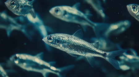 A close-up of a school of small fish swimming together, with their scales shimmering in the light, capturing the beauty of underwater life.の素材