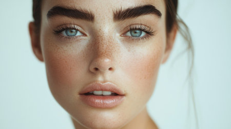 A close-up of a woman with a classic makeup look, including well-defined brows and natural-looking blush, set against a white background, highlighting her elegance.の素材