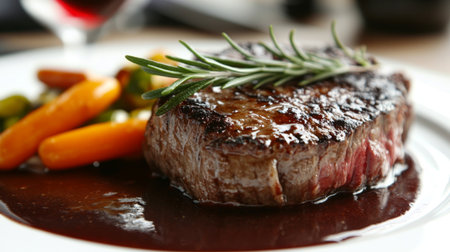 A close-up of a steak on a plate with a rich, red wine reduction sauce, garnished with a sprig of rosemary and a side of seasonal vegetables.の素材