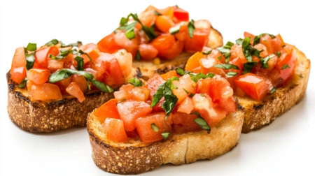 A close-up of bruschetta with diced tomatoes, garlic, and basil on toasted bread slices, arranged neatly on a white background.の素材