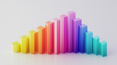 A colorful 3D bar chart with varying heights, showing positive growth, with each bar represented in a different gradient color on a clean white background.の素材