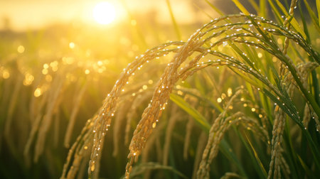 A close-up of dew-covered rice plants in the early morning light, with the sun rising in the background, illustrating the freshness and start of a new day in the fields.の素材