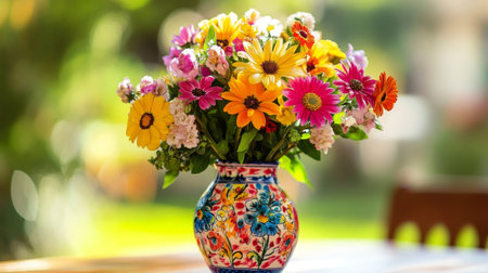 A colorful, hand-painted vase with a traditional design, holding a vibrant bouquet of mixed flowers, set on a bright, sunny table.の素材