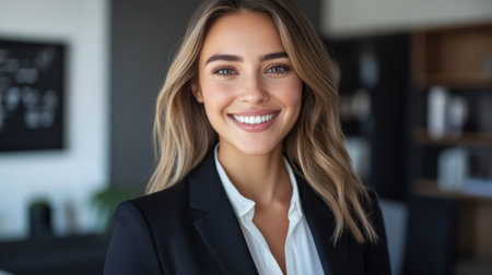 A confident businesswoman in a tailored suit, smiling directly at the camera, with her face clearly visible against a professional office background.の素材