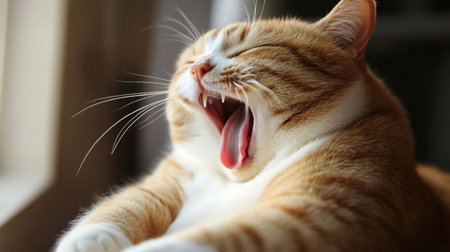 A close-up of an overweight cat stretching its paws and yawning, with its round belly prominently displayed, capturing its relaxed and charming demeanor.の素材