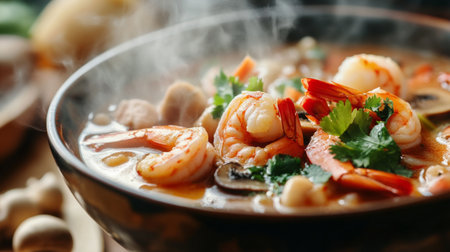 A close-up of a traditional Thai Tom Yum Goong soup with shrimp, mushrooms, and herbs, with steam rising from the bowl, emphasizing its spicy and aromatic qualities.の素材