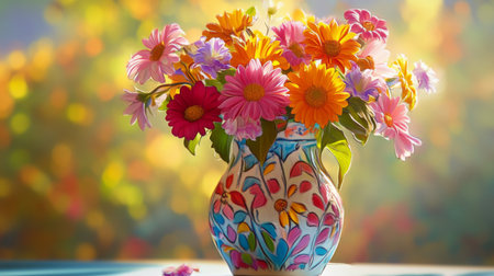 A colorful, hand-painted vase with a traditional design, holding a vibrant bouquet of mixed flowers, set on a bright, sunny table.の素材