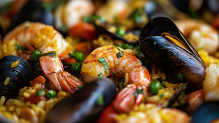 A close-up of a seafood paella, with a colorful mix of shrimp, mussels, and saffron rice, highlighting the rich textures and vibrant ingredients.の素材
