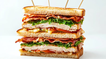 A club sandwich stacked with layers of turkey, bacon, lettuce, and tomato, held together by toothpicks, on a white background.の素材