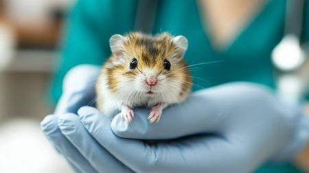A close-up of a vet's face as they check a tiny hamster, with a gentle touch and focused attention, set against a clean and organized clinic backdrop.の素材