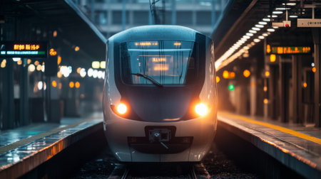 A close-up of the front of an electric train, highlighting its streamlined design and illuminated headlights, set against a backdrop of an urban station.の素材