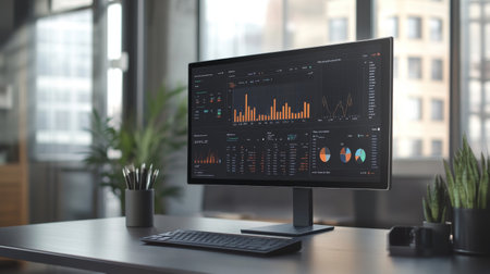 A computer monitor displaying a real-time financial dashboard with various graphs and metrics, showing live data updates in a sleek, modern office setting.の素材