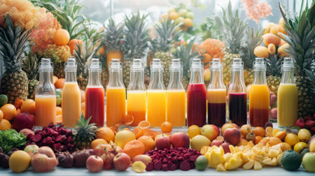 A colorful fruit juice bar setup with various juices like beet, carrot, and apple, displayed in clear bottles and glasses, with fresh fruits in the background.の素材