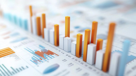 A detailed shot of a 3D stacked column chart representing various financial metrics, with clear labels and a white background, highlighting the depth and comparative data.の素材