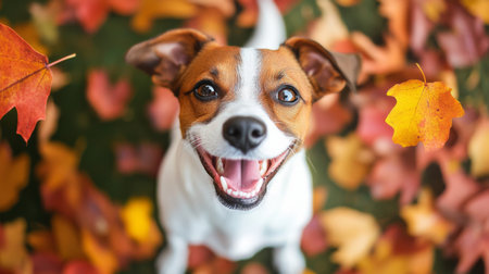 A cute dog with a happy expression, surrounded by colorful autumn leaves, capturing the joy and playfulness of the season.の素材