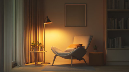 A cozy minimalist reading nook with a sleek floor lamp, a comfortable chair, and a small side table, all arranged in a calm and uncluttered space.の素材