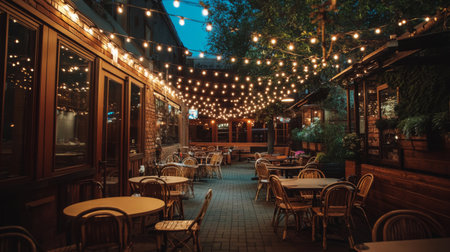 A cozy outdoor cafa with string lights overhead, casting a warm and inviting glow on tables and chairs, creating a charming nighttime dining experience.の素材