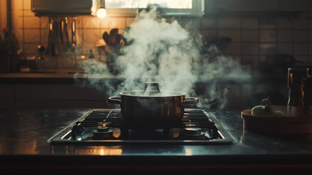 A dark, smoky kitchen with a pot on the stove, steam and smoke rising as if from a freshly cooked meal, evoking a sense of warmth and home.の素材